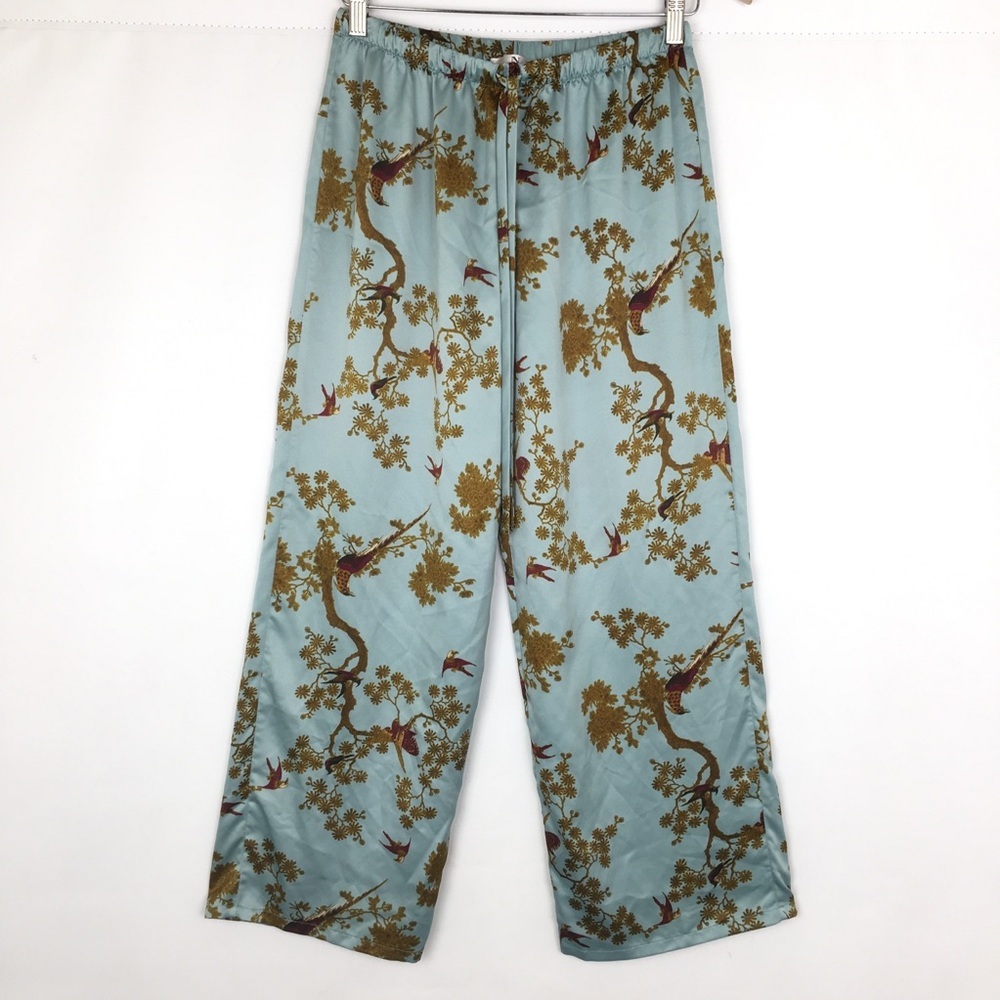Natori Asian Print Satin Pants Blue Wide Leg Pull On Elastic Wast Women’s Size M - Picture 2 of 9